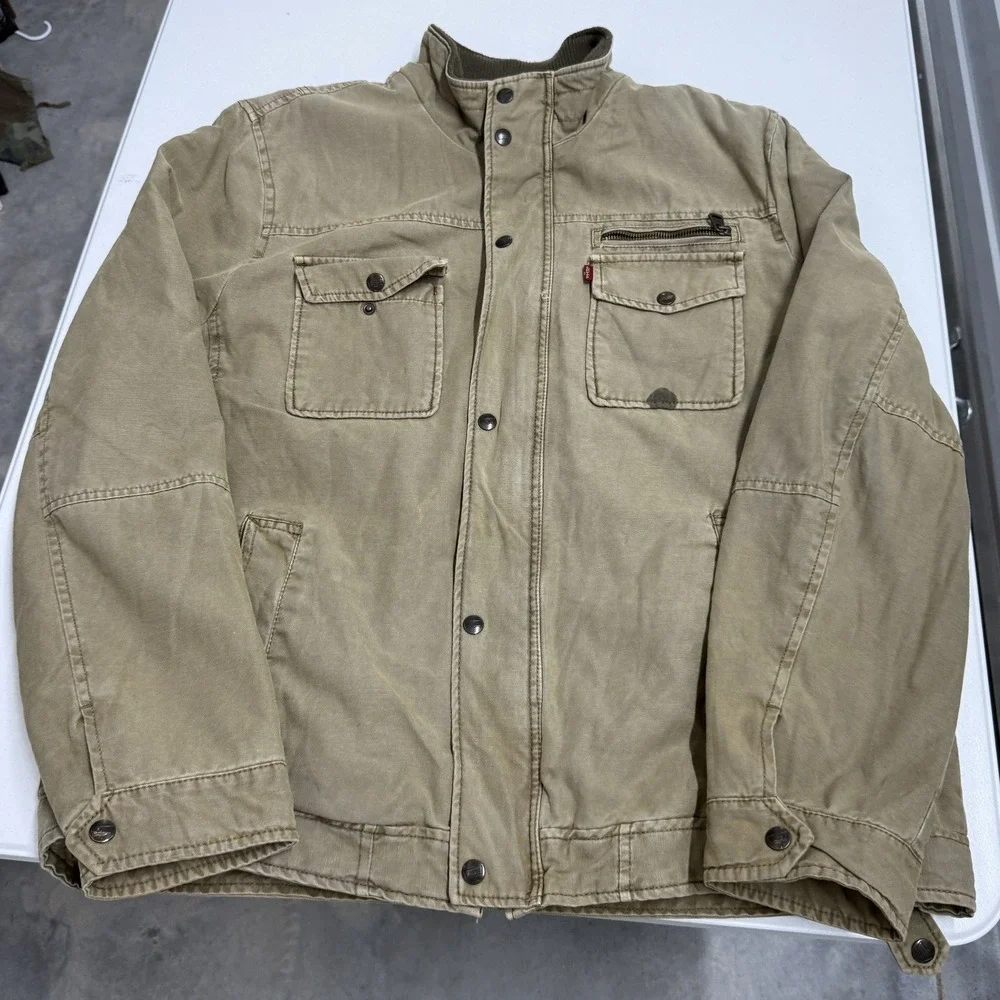 Levi's Canvas Field Jacket Mens XL Khaki Good Sherpa Lined Utility Workwear